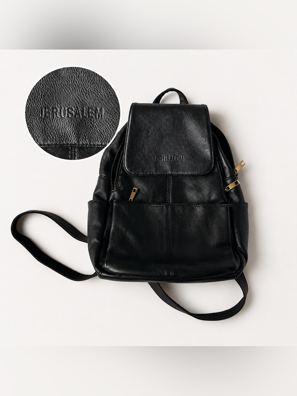 Vintage 90s minimalist black handmade leather backpack – stamped Jerusalem
